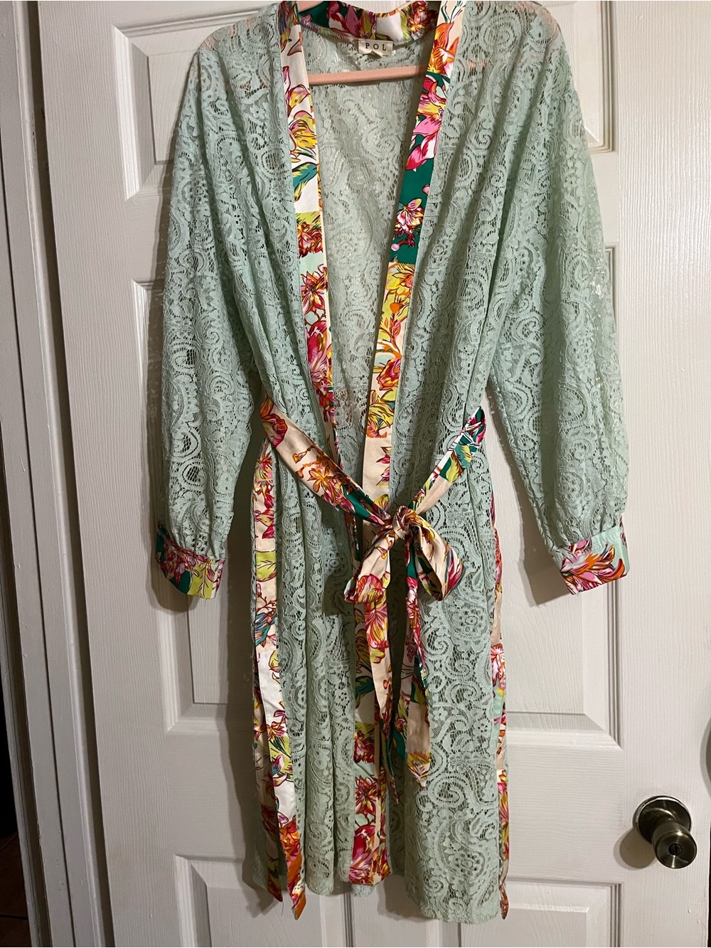 POL Mint Green Lace Kimono Coat with Floral Trim